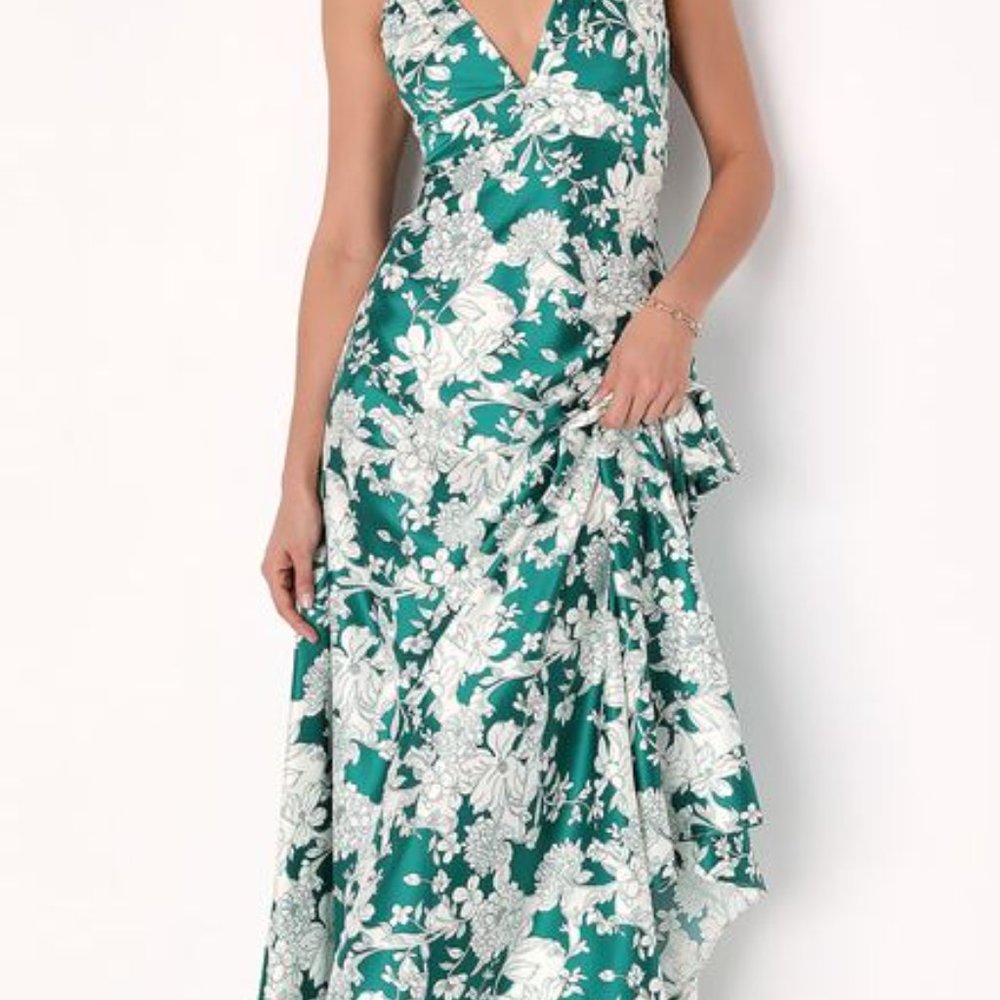 Style Soiree Emerald Floral Print Satin Sleeveless Maxi Dress